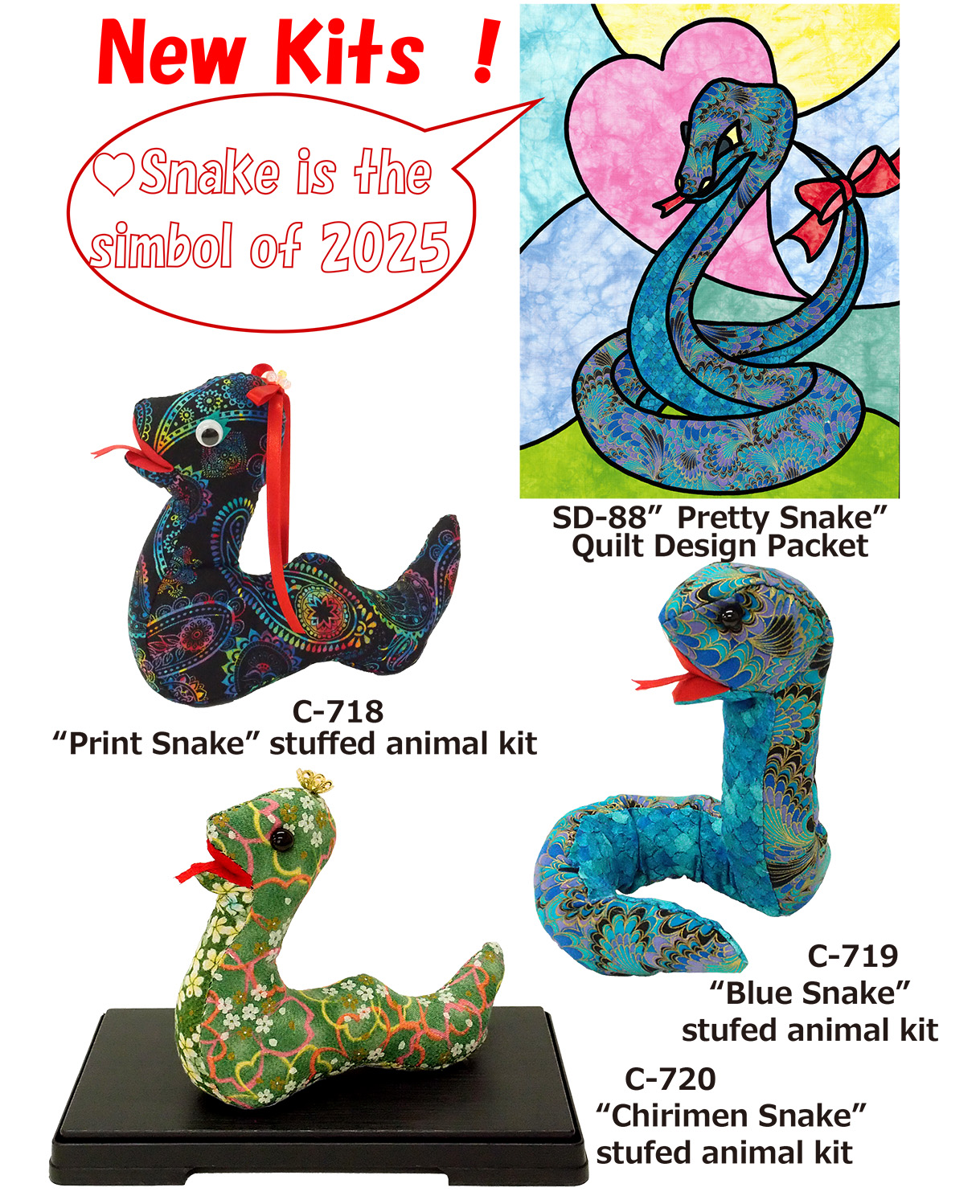 Stuffed animal of snakes. Snake is the Eto simbol of 2025 in Japan.
You can create your own adorable Eto stuffed animal with our easy-to-make kits. Perfect for craft enthusiasts and cultural enthusiasts alike, our kits provide everything you need to craft and customize your favorite Eto animal. Embrace Japanese culture and bring a piece of the Eto tradition into your home or store today!